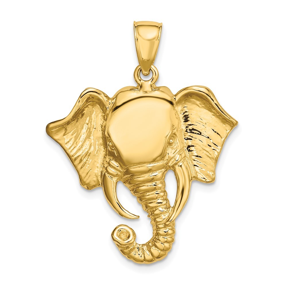 14k Yellow Gold 2-D Elephant Head w/ Twisted Trunk Necklace Charm Pendant